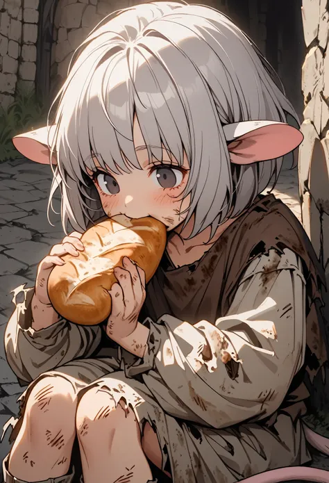 1girl, rat girl, grey hair, short hair, rat ears, rat tail, black eyes, pink rat hands, vagrant, casual clothes, homeless, dirty clothes, medieval, eating bread, torn clothes, tomboy, curled up, close up