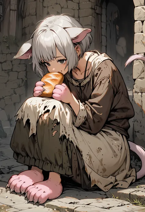 1girl, rat girl, grey hair, short hair, rat ears, rat tail, black eyes, pink rat hands, vagrant, casual clothes, homeless, dirty clothes, medieval, eating bread, torn clothes, tomboy, curled up