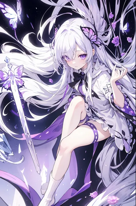 Silver Hair，crystal hair, Butterfly，Long white hair，8k wallpaper，Detailed background，Maximum resolution，Hair covers one eye，Drawstring，Chies，purple Rose，Tight Fit，High socks，stocking