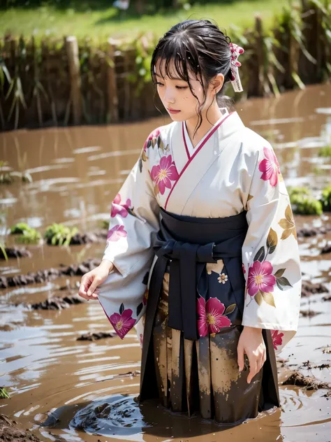 realistic, furisode, hakama, nagahakama, floral kimono, wet clothes, soaking wet clothes, wet and shiny clothes, clothes with a ...