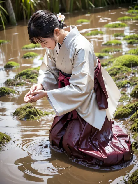 Realistic, furisode, hakama, nagahakama, floral kimono, wet clothes, soaking wet clothes, wet and shiny clothes, clothes with a wet texture, clothes that stick to the body, clothes stained with mud, clothes covered in mud, sinking in muddy water, immersed ...