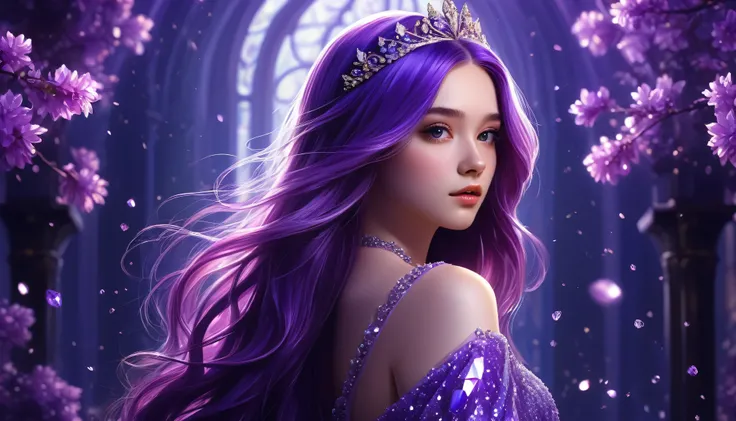 (((masterpiece))), Best Quality, Illustration, 4k wallpaper, Cinematic Light, Absurd, Portrait of a Girl, Long Hair, Purple crystal hair, Shiny Hair, Bloom Hair, Clothing Princess, Look ahead