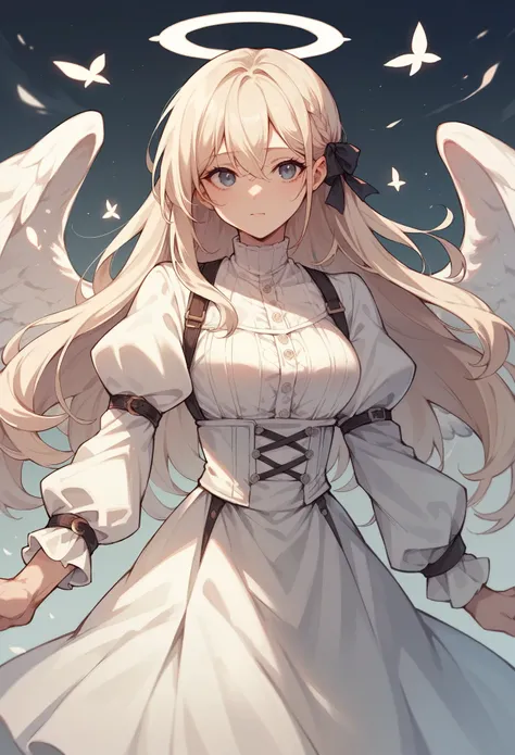 an anime girl, Long hair, angel characteristics, Fine white clothes with slight Gothic touches