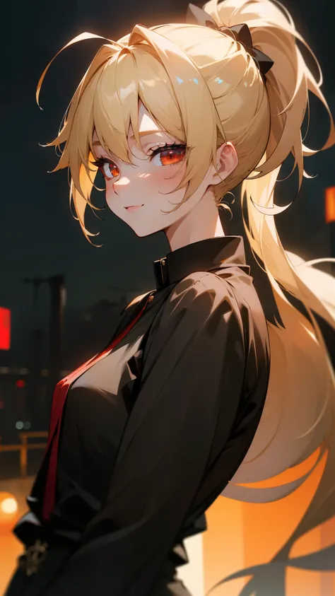 (masterpiece、Best Quality)、Exquisite details、8k、Sharp focus、(Bokeh) (Best Quality) (Exquisite Skin:1.3) (Exquisite details) (8k) (Detailed) (anime)、Blonde ponytail、Ahoge、Beautiful red eyes、smile、Black rider jacket、Black shirt、From the side、Upper body close...