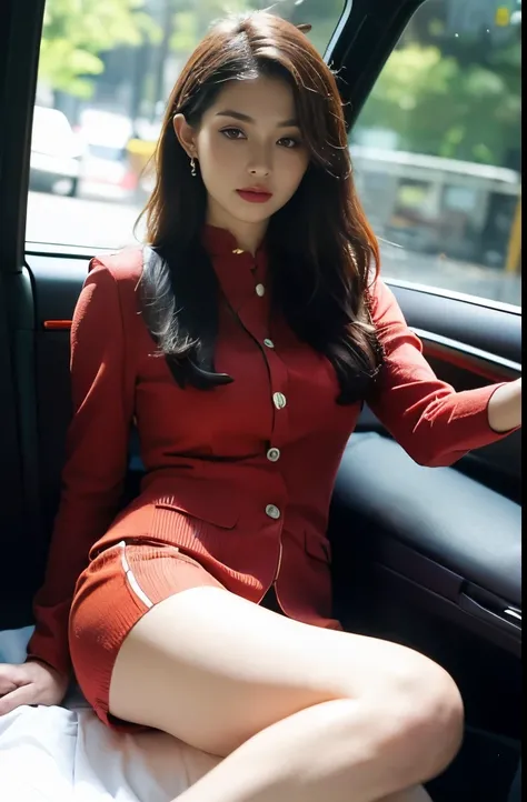 (masterpiece:1.3), (8 thousand, Realistic, RAW photos, Best quality: 1.4), (1 female),(((Sexy woman in short skirt suit sitting in driver&#39;s seat of luxury convertible sports car))), (((The driver&#39;s side door is open.))),  (((하체에 짙은색 Realistic 불투명한 ...