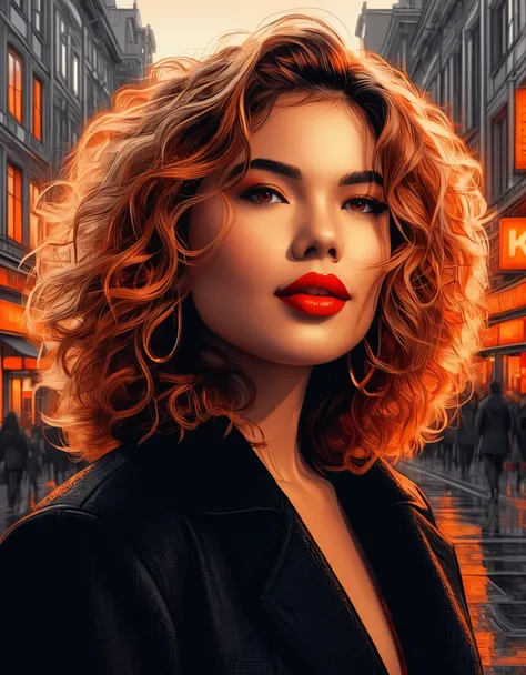 a confident woman with messy waves and a soft red lipstick, orange eyes, posing in front of a monochromatic city scene, accentuated by fractal details, ultra-detailed, 8k, photorealistic, portrait, digital art, cinematic lighting, dramatic colors, warm ton...