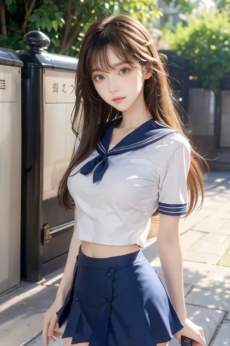 (Ultra HD), (Looking at me), (Short-sleeved sailor uniform, Navy blue mini skirt), Big Breasts, Super beautiful breasts, Slender, (Thin legs:1.2), (Thin thighs:1.2), (Thin Hips:1.4), (Beautiful Skin, Shiny skin, White skin), (Super slim face, Super beautif...