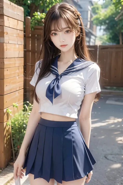 (Ultra HD), (Looking at me), (Short-sleeved sailor uniform, Navy blue mini skirt), Big Breasts, Super beautiful breasts, Slender, (Thin legs:1.2), (Thin thighs:1.2), (Thin Hips:1.4), (Beautiful Skin, Shiny skin, White skin), (Super slim face, Super beautif...