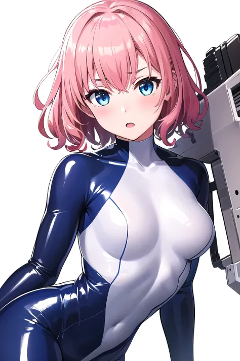 1 girl,boyish, curly hair, pink Hair, medium Breasts, glossy tight zero suit,blush,blue eyes,Tight fit,clearly,Striped pattern, (white background:1.3), (glossy:1.5), rifle laser beam