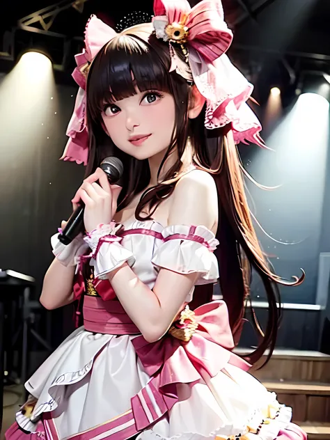 1 female, Alone, Hime cut, bangs, Long Hair, Japanese idol costumes, idol dress, concert、smile, Concert Lighting