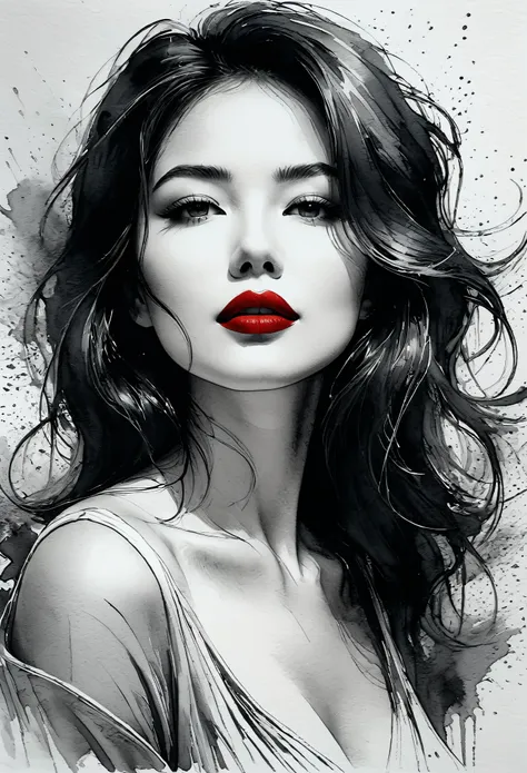 sexy woman, black and white ink painting, pen sketch, soft brush strokes, delicate line drawing with pen, fluid action, subtle ink tones, elegant pose, peaceful expression, delicate facial features, ink, dust, wet. black and white, just red lips, to clean