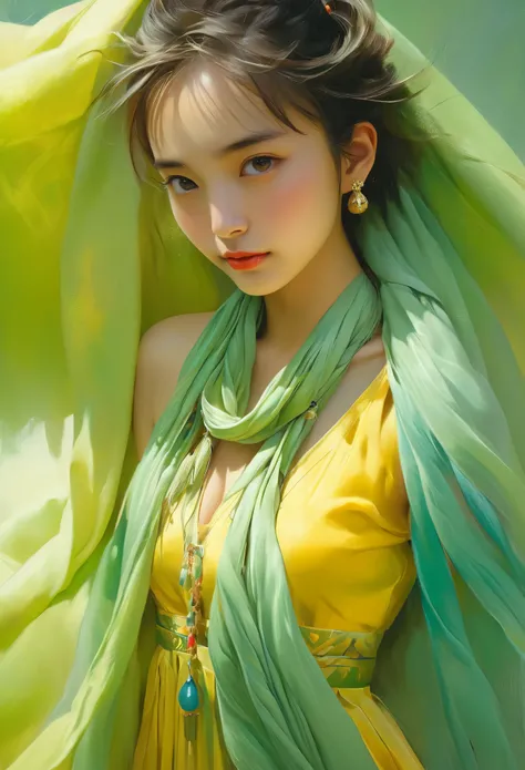 A woman in a yellow dress with a long green scarf, Beautiful Woman Photos, Beautiful fantasy empress, Jan J, style of Art Gelm, Art Gelm and ruan jia, extremely detailed Art Gelm, trending Art Gelm, Art Gelm. ruan jia and Art Gelm, Inspired by Fuhua, Art G...