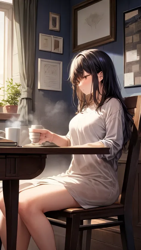 ((Best quality)), ((masterpiece)), (detailed), A studying in her cozy room, surrounded by books and notebooks. The soft light of night enters through the window, while the rain falls outside, creating a peaceful environment. She is sitting at a messy table...