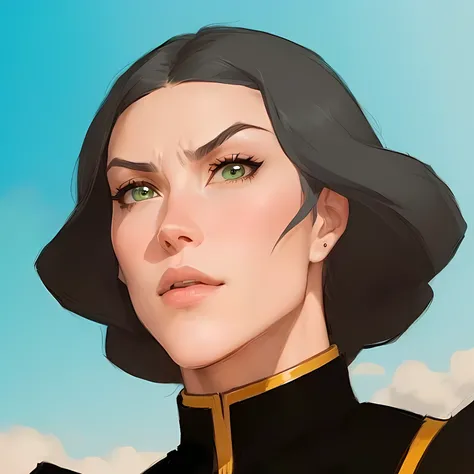 a close up of a cartoon woman with gray hair, jade green eyes, portrait of avatar Korra, Lin Beifong, Cassandra Cain, beautiful prince androgynous, Britney Lee is an American actress and actress., delicate androgynous prince, legend of korra, androgynous f...