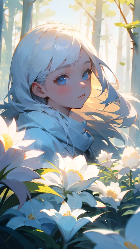 (masterpiece、8k、highest quality)、(Soft Light:1.3), Detailed face, Fine grain, dress, Beautiful digital artwork, landscape, Backlight, Lots of flowers, forest, Sparkling eyes, Winters, warm, warm light, White Hair Girl