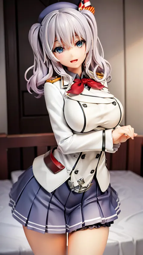 Open mouth, large breasts ,blue eyes,BTPT-FC,wide hips,smile,,wide hips,open mouth,wavy hair,solo,kashima,twintail,
silver hair,tsurime,kantai collection, smile,,wide hips, best quality,white jacket, military jacket, military uniform,gray skirt,pleated ski...