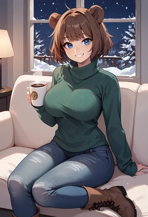 score_9_up, score_8_up, score_7_up, 1girl, solo, source_anime, hourglass figure, Big breasts, kemonomimi, bear ears, brown hair, short hair, messy_hair, blue eyes BREAK freckles, green sweater, long sleeves, denim pants, brown boots, sitting on couch, snow...