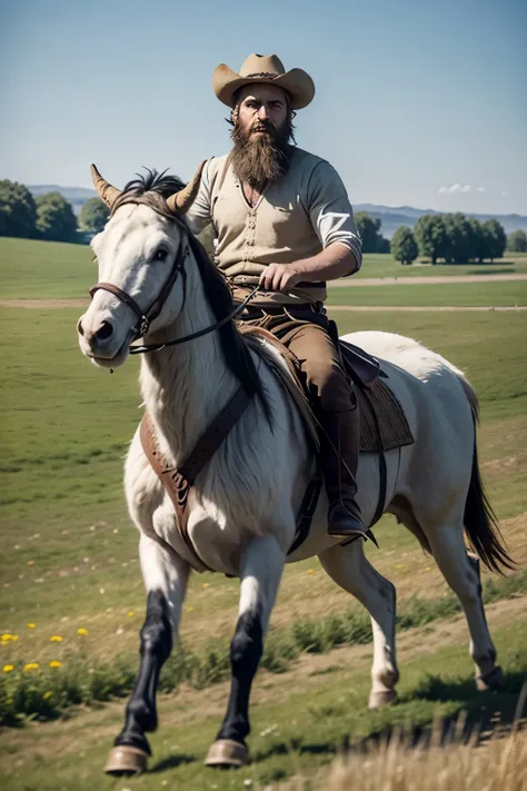 Photograph of a bearded Sumerian shepherd from the Middle Neolithic period dressed in goatskin riding a beautiful, spirited colt at a gallop without a saddle, running through the meadow and taking care of his huge number of cattle that are grazing in the m...