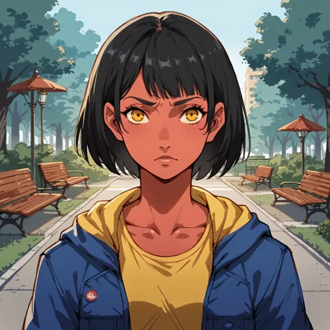 comics,1 young woman, average and athletic build, tall,Red skin,average musculature, short black hair cut in a bob, amber eyes, hip hop streetwear clothing style, Park in background,sketch 