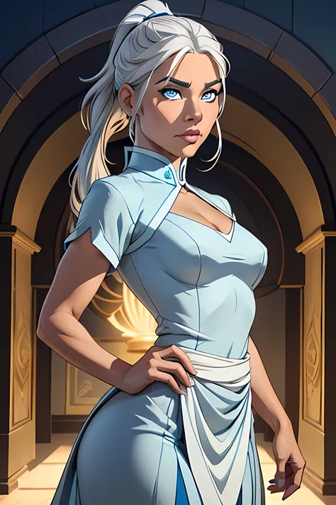 ((ultra quality)), ((masterpiece)), kya,  avatar: the legend of korra character, ((medium length light gray white hair tied in a...