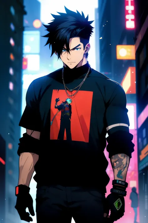 Man, spiked hair, straight hair in front, t shirt, hip hop style, gloves, cyberpunk  theme, cyberpunk, tall, standing Cabelo preto, masterpiece, anatomically correct, High details, fingerless gloves, eletronic forniture, Ultra detailed face