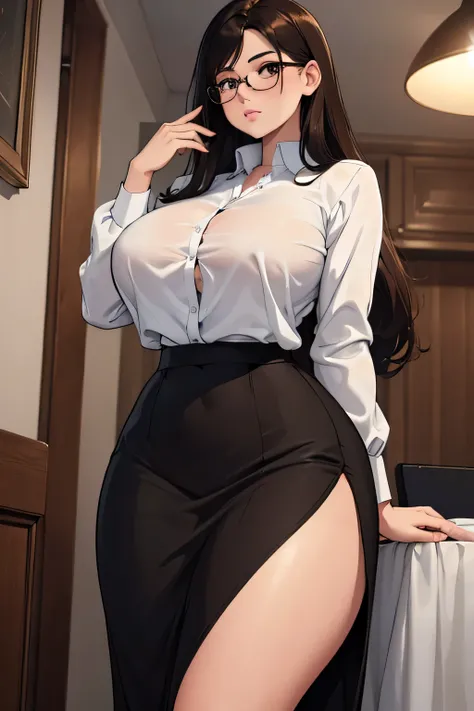 absurdres, high res, ultrasharp, 8K, masterpiece, 1girl, long hair, , no bangs, dark brown hair, sensual face, curvy huge breasts, glasses, secretary outfit, big white buttoned-up braless blouse, formal look, long skirt, braless white big 