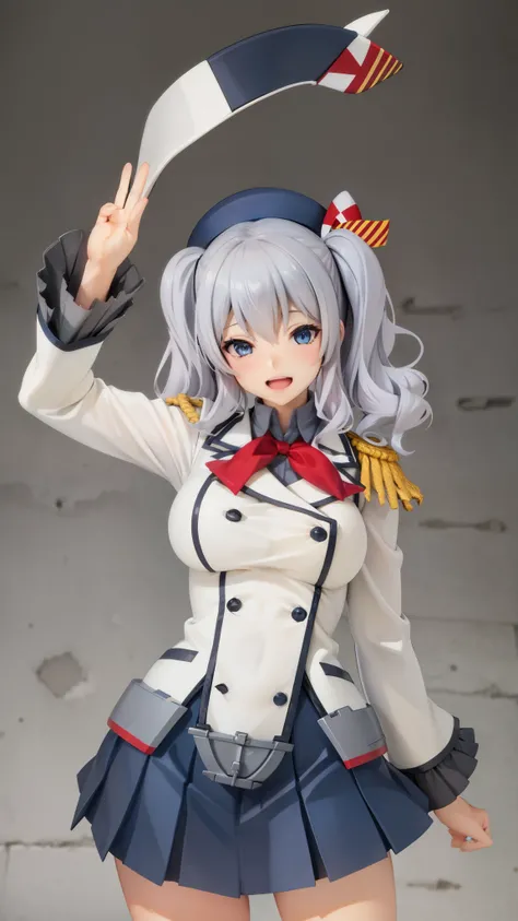 Open mouth, large breasts ,blue eyes,BTPT-FC,wide hips,smile,,wide hips,open mouth,wavy hair,solo,kashima,twintail,
silver hair,tsurime,kantai collection, smile,,wide hips, best quality,white jacket, military jacket, military uniform,gray skirt,pleated ski...