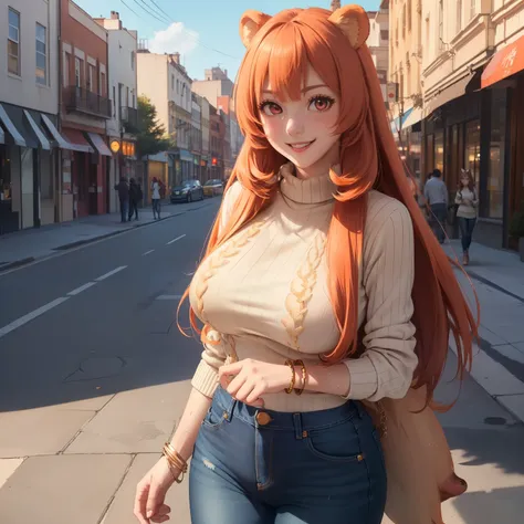 ((masterpiece)) ((The best quality)) ((ultra detailed)) ((1 woman)) ((raphtalia)) ((sweater)) ((fitted jeans)) ((Long orange hair)) ((long silky hair)) ((bear ears))((red eyes like rubies))  ((sweaty body))  ((Attractive eyes))  ((Slim body)) ((high resolu...