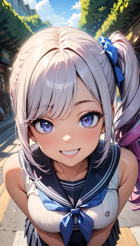 (Highest quality:1.2, 4K, 8K, Very detailed, Latest, Vibrant, High detail, masterpiece:1.2, Highest quality, Best aesthetics), (((1 Girl))), JK, Sailor suit, Pleated skirt, Open your mouth slightly:1.2, smile, (Light purple hair, Voluminous side ponytail),...