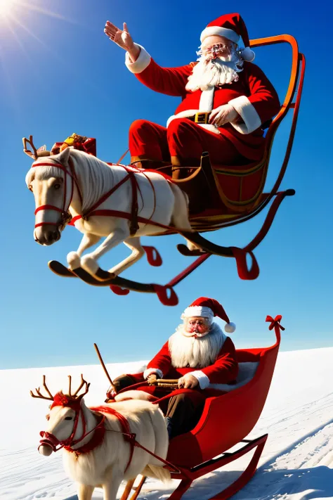 Best Quality，Santa Claus flying in the clear blue sky on a sleigh pulled by reindeer，far away, photo quality，Background Art，8k