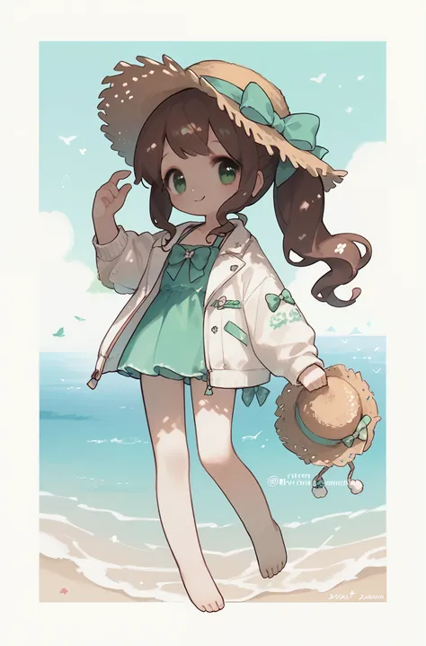 1 Girl,whole body,Brown side ponytail,Green eyes,straw hat ,Green swimsuit,Big Bow,barefoot,Smile,Hand-held hat,dynamic,Monochrome background,Drawing style,(Brown hair,sea,Sunlight,White Wool Flowing Jacket