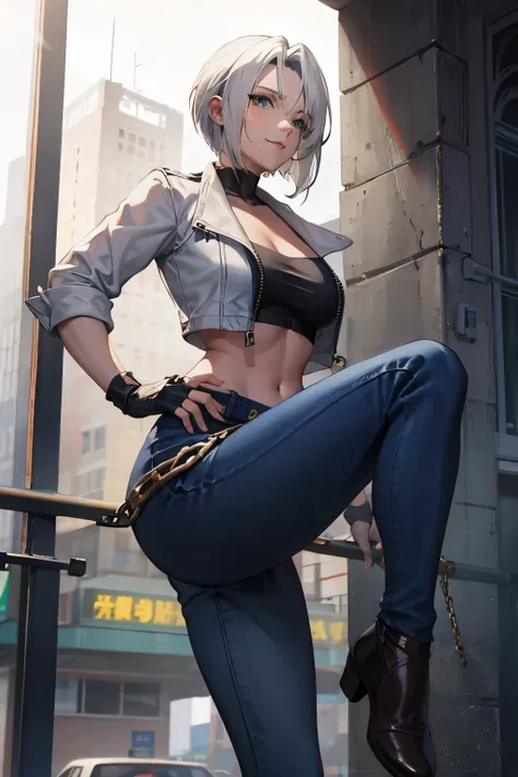 (masterpiece), best quality, expressive eyes, perfect face, highres, 1girl, solo, angelms, white hair, white jacket, jeans, fingerless gloves, dangerous pose, parkour, mean smiling, fanstasy background, cowboy shot, fullbody shot, looking at the viewer, fr...