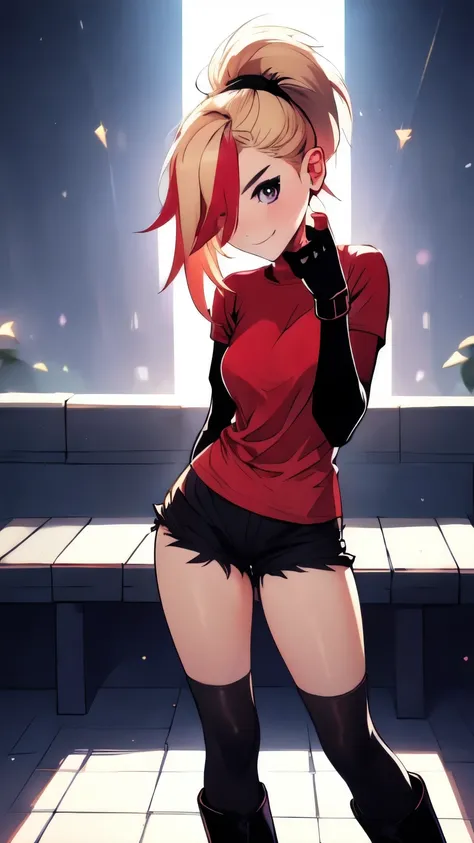 (best quality:1.2),solo,1girl,mdrin,smile,looking at viewer,lovely pose, ponytail,v-shaped eyebrows,red shirt, fingerless gloves,black shorts , garden background, warm color tones,soft lighting, Hair over one eye, ultra long hair, standing on hooftop, long...