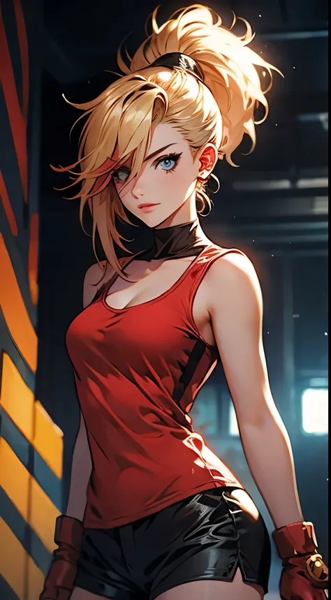 young girl, longue blonde hair, Hairpin with a bundle, turquoise eyes, Yakuza tattoos, red tight uniform, Sleeveless, Wide neckline on the chest to the abdomen, Gold Elements, Red gold armor, Shorts, claws, smirk, Masterpiece, hiquality, 4k, HD, Good detai...