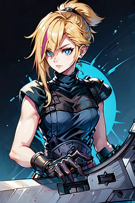 (masterpiece, best quality:1.2), Blue  glowing, cute, eyes, perfect face, highres, 1 girl, solo, ultra long ponytail, (female:1.5), strife, blonde hair, shoulder armor, sleeveless turtleneck, suspenders, belt, gloves, bracer, evil smile, standing, portrait...