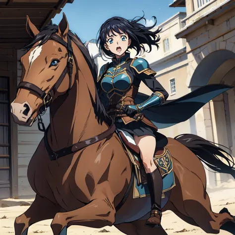 ((best quality)), ((anime masterpiece)), (high detailed), 8k, cinematic lighting, perfect face, panic face:1, a young female knight riding a HORSE, horse in pain, scared expression: 1, open mouth:0.1, (blue eyes, pixie cut, {black hair}, large breast), (br...