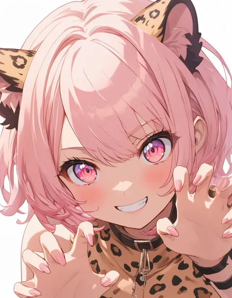 1 girl, (anime style), (close), (Small body), (Pink Cheeks), (Cute cheetah ears), cheetah color clothes, Smile, (Short Bob Hair:1.4), ((claw pose)), (More about the Strand), (white Background), from above