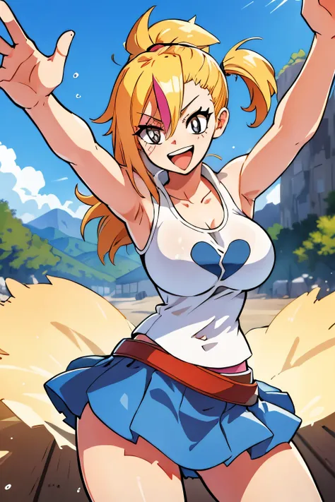 masterpiece, best quality, highres, lucy heartfilia, blonde hair, long hair, large breasts, white shirt, sleeveless, belt, blue skirt, cowboy shot, standing, looking at viewer, outdoors, waving, smile, open mouth,