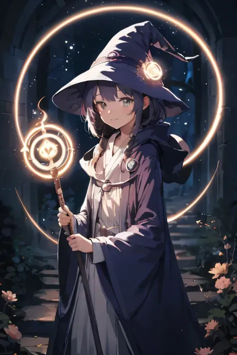 anime, cute girl, solo, wizard hat, robe, holding ancient staff, happy, magic circle, midnight, bloom, ambient occlusion, glowing lights, light particles,