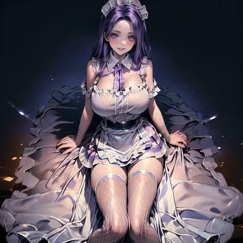 (masterpiece), best quality, 1girl, expressive eyes, perfect face, (purple hair), perfect anatomy, full body, 4k, HDR, full HD, alone, a maid cafe worker, wears a short maid outfit, she has a shy smile and blushing cheeks, he is pouring a cup of coffee