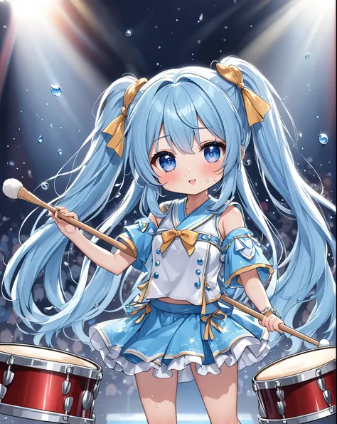 Japanese drums、Chibi Character、Light blue long hair、Beautiful girl with twin tails、Holding a drumstick、Long hair fluttering、Sweat droplets、stage、Spotlight、A large audience、明るいstage