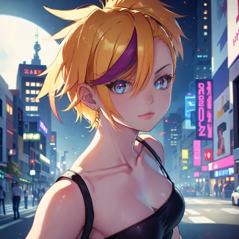 NY, (gradient hair, dutch angle:1.3), film grain, chromatic aberration, city, masterpiece, best quality, raw photo, photorealistic, absurdres, 1girl, cute, perspective, cowboy shot, highres, ultra detailed, detailed eyes and face, sharp pupils, realistic p...