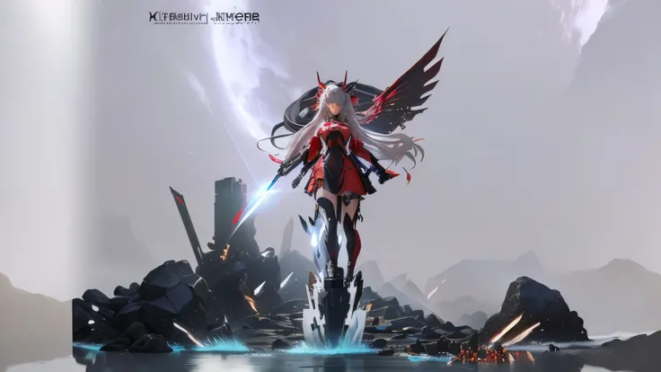 there is a statue of a woman with a red dress on a rock, from arknights,  anime figure, ( highly detailed figure ),  mechanized valkyrie girl, evangelion third impact inspired, arknights, silver red, by Yang J, detailed image,