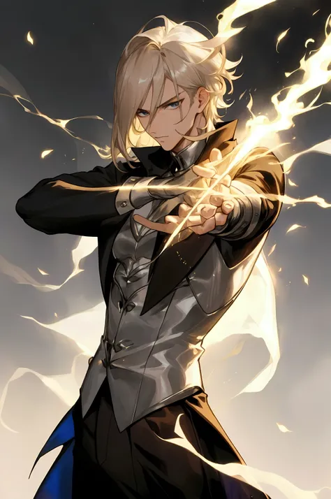 A 20 year old man with silver-blonde hair, handsome pose, magic and powers behind him 