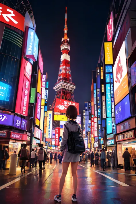 ((Best Quality)), ((masterpiece)), (detailed), Album artwork, night景, Tokyo Tower, night, Around town, Rear view, girl, Young woman,