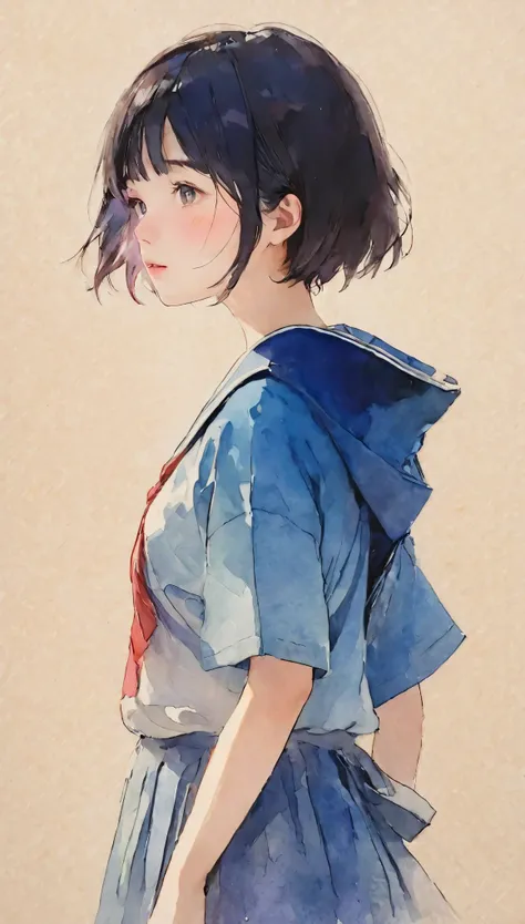 splatter background and spray paint effect, katsushika hokusai, tunic, body above the knees, multicolored hair,teary-eyed, dusk,...