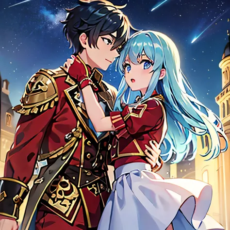 A girl with blue eyes and light blue hair, red blouse with gold plates on her body, pink panties, a gold bracelet and white skirt affectionately kissing a boy with short black hair on the lips, ojos marrones, lentes, red jacket with a night castle behind t...