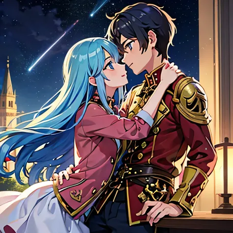 A girl with blue eyes and light blue hair, red blouse with gold plates on her body, pink panties, a gold bracelet and white skirt affectionately kissing a boy with short black hair on the lips, ojos marrones, lentes, red jacket with a night castle behind t...