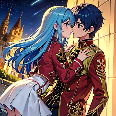 A girl with blue eyes and light blue hair, red blouse with gold plates on her body, pink panties, a gold bracelet and white skirt affectionately kissing a boy with short black hair on the lips, ojos marrones, lentes, red jacket with a night castle behind t...