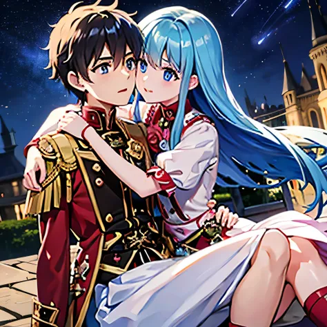 A girl with blue eyes and light blue hair, red blouse with gold plates on her body, pink panties, a gold bracelet and white skirt affectionately kissing a boy with short black hair on the lips, ojos marrones, lentes, red jacket with a night castle behind t...